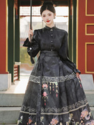 国风改良黑色暗纹提花盘扣衬衫女装新中式马面裙搭配对襟古装上衣