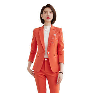 橘红色西装外套女春秋时尚气质修身显瘦小个子职业正装两件套