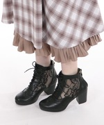 日系设计感复古洛丽塔lolita绢丝花边网纱透明感短靴粗跟高跟鞋