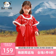 女童国风公主裙2023冬季新年红色儿童加绒连衣裙洋气立领裙子