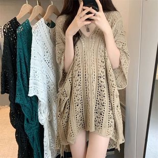 夏季女装跨境纯欲镂空系带V领针织上衣慵懒洋气中长款蝙蝠袖罩衫