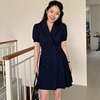 韩国chic夏季法式复古气质，高级感西装领双排，扣泡泡袖百褶连衣裙女