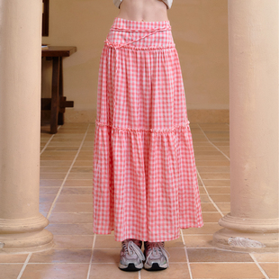 necy粉色格纹蓬蓬长裙宽松显瘦设计感格子撞色中长款高腰半身裙