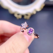 天然紫水晶戒指925银镀玫瑰，金开口(金开口)可调节主石尺寸3*4mm