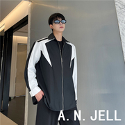 韩国版ulzzang男装东大门23春学生潮个性黑白撞色拉链长袖衬衫衣