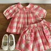 韩系女童2024夏季粉红色格子娃娃衫短袖半裙儿童洋气上衣裙子