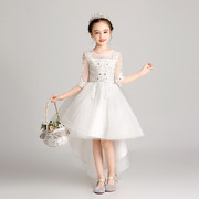 儿童礼服公主裙女童蓬蓬纱生日前短后长小花童婚纱钢琴演出服白色