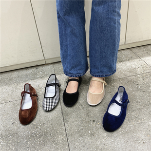 首尔留学生韩国金丝绒奶奶鞋子，圆头浅口一字，扣带平底船鞋玛丽珍女