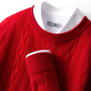 冬季100%纯羊毛衫男圆领，加厚套头毛衣，本命年大红色羊绒针织衫