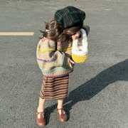 女童韩系复古彩色拼接条纹粗棒针织葫芦袖毛衣儿童条纹针织半身裙