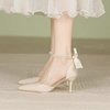 尖头单鞋女2023年春季一字带珍珠蝴蝶结仙女，风白色高跟鞋细跟