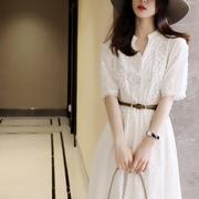 法式长款初恋白色蕾丝连衣裙女装2022夏季收腰镂空法式仙女超仙裙