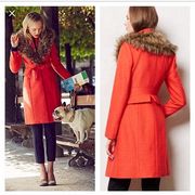 秋冬款小众设计橘红色系羊毛，混纺大毛领，修身长袖毛呢外套大衣
