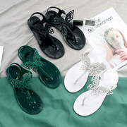 2024塑料凉鞋女夏平底夹趾糖果，色塑胶平跟花朵，女鞋果冻沙滩鞋