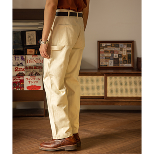 红风 美式复古画家裤男米白色竹节纹中高腰宽松直筒工装裤休闲裤