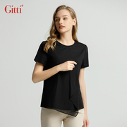 Gitti/吉蒂夏季活褶拼接不规则下摆T恤女大码圆领短袖G231325