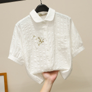 纯棉娃娃领衬衣女2023夏季文艺，刺绣短袖白色，衬衫上衣气质小衫