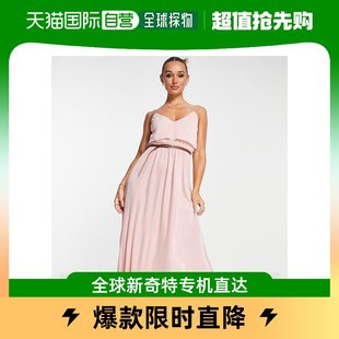 香港直邮潮奢 ASOS 女士设计打褶吊带多层造旧粉色长款连衣裙