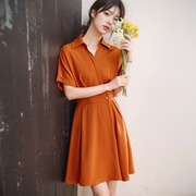 JollySpace高级感法式裙子2024气质显瘦短裙橘红色收腰连衣裙