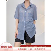 samuelguiyang安格集合店，气质透视性感，蓝色短袖上衣女款衬衫