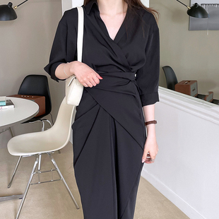 韩国chic极简主义法式翻领，交叉设计显瘦高腰五分，袖连衣裙长裙女
