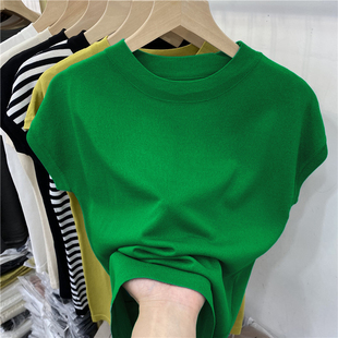 绿色半高领t恤女短袖2024年夏季冰丝针织设计感小众打底上衣