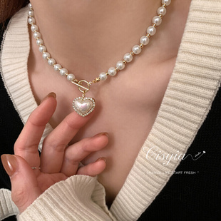 爱心珍珠项链女高级设计感小众轻奢OT扣2022年潮锁骨颈链短款