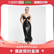 香港直邮潮奢asos女士设计吊带珠片人造羽毛下摆，长款连衣裙(黑)