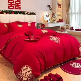高端160支长绒棉婚庆四件套大红色全棉被套床单结婚床上用品婚嫁