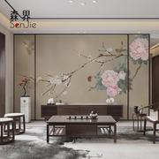 新中式古典牡丹花鸟壁纸电视背景墙，壁纸客厅沙发壁画无缝墙布壁布