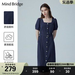 mindbridge女士气质方领连衣裙夏季通勤短袖裙子显瘦收腰中长裙