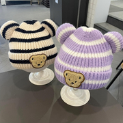 女宝宝条纹熊头毛线帽，冬天韩版儿童针织帽男童，卷边瓜皮保暖帽子潮
