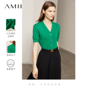 amii2023夏装针织短袖女设计感小众两穿v领上衣纯棉垫肩开衫