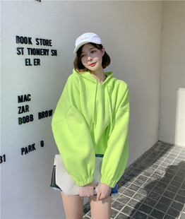 韩国2023春秋季小个子，外套连帽短款卫衣女加绒荧光，绿上衣小众