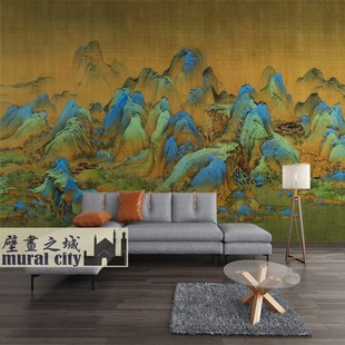 千里江山图壁纸中式山水，青绿墙布复古客厅，酒店背景墙壁布定制壁画