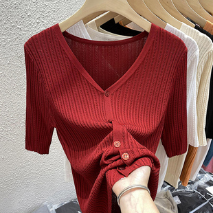 v领红色短袖针织衫，女2023春夏修身显瘦开衫，防晒冰丝半袖上衣