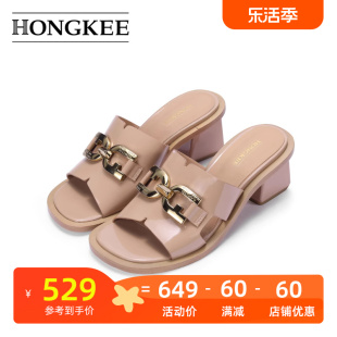 Hongkee/红科凉鞋女夏季粗跟复古方头凉拖鞋H072S203