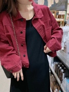酒红色牛仔外套女春秋季欧货短款夹克，小个子卡腰上衣bf风工装开衫