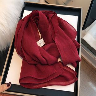 百搭酒红色棉麻围巾女冬季2023装饰丝巾，小长条纯色保暖小领巾
