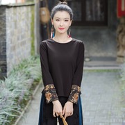民族风女装复古撞色刺绣，显瘦体恤2023秋冬季中国风长袖t恤打底衫