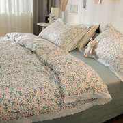 韩式花边款小碎花床上用品纯棉小清新床单被套1.8米全棉四件