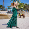 海边度假裙吊带连衣裙雪纺沙滩，裙女夏超仙，绿色荷叶边露肩三亚长裙