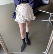 韩国春款甜心少女，甜美小波点，荷叶边百搭款包臀短裤裙