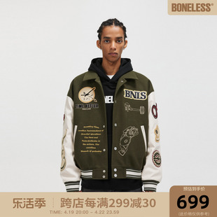 boneless毛巾绣pu皮拼接立领，棒球服秋冬毛呢夹克宽松棉服外套男女