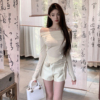 FairyJiang夏季修身白色内搭冰丝针织衫女设计感露肩打底上衣