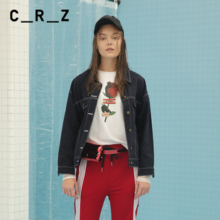 CRZ潮牌女装春季方形领盖袋金属排扣魅力玫瑰图纹外套