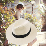 沙滩帽女巴拿马草帽遮阳帽，夏网红海边海滩，帽大檐旅行白色防晒帽子