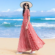 拖地连衣裙超长2024夏雪纺(夏雪纺)红色大摆显瘦长裙，旅游度假沙滩裙女