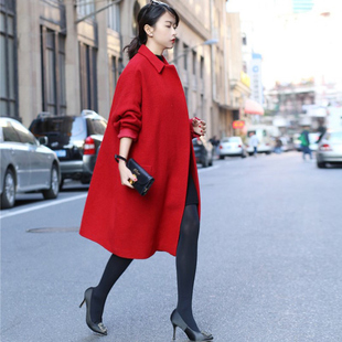 中国红呢子大衣茧型冬季中长款结婚喜庆红色羊毛呢子大衣女