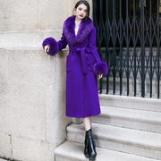 高贵紫色西装领双面羊绒大衣女中长款真狐狸毛领直筒复古毛呢外套